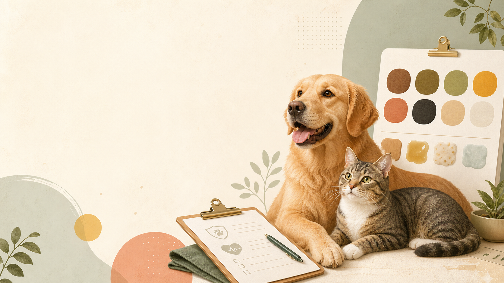 Dog and cat beside a veterinary-style stool color guide and pet health clipboard.
