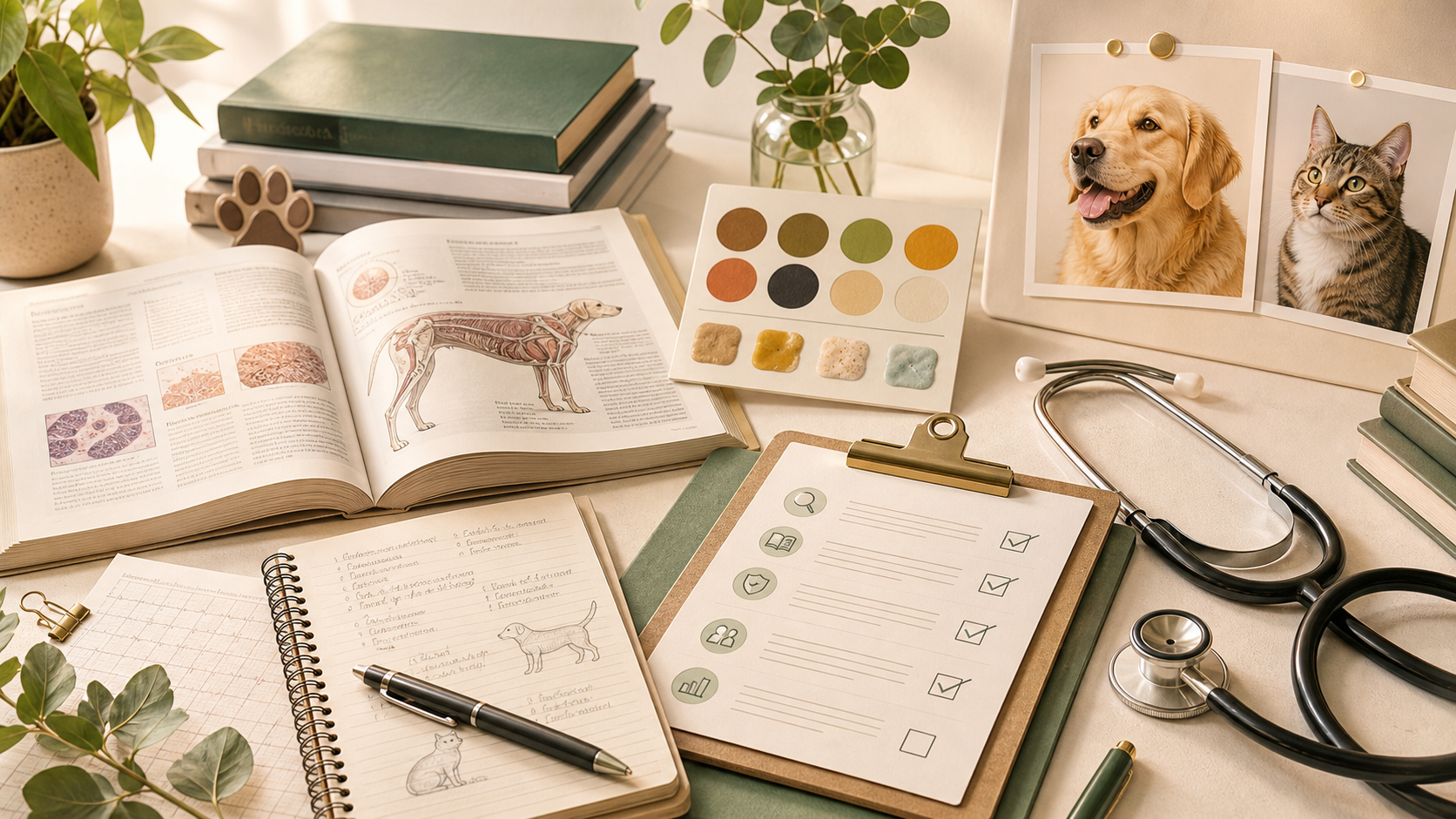 Generated veterinary reference desk with source review materials and pet stool color swatches.