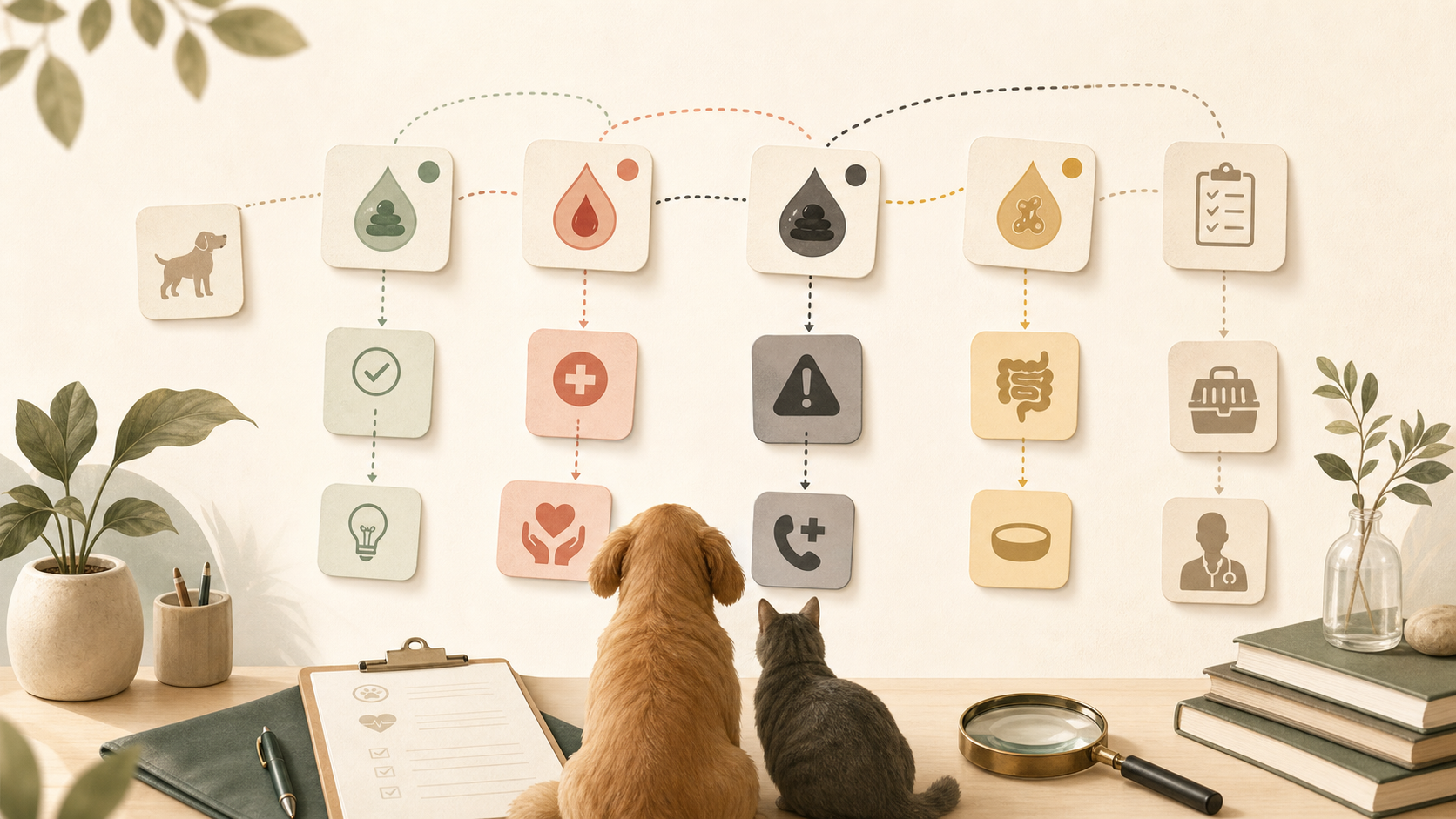 Generated pet poop problem solver flow with symptom icons and vet prep cards.